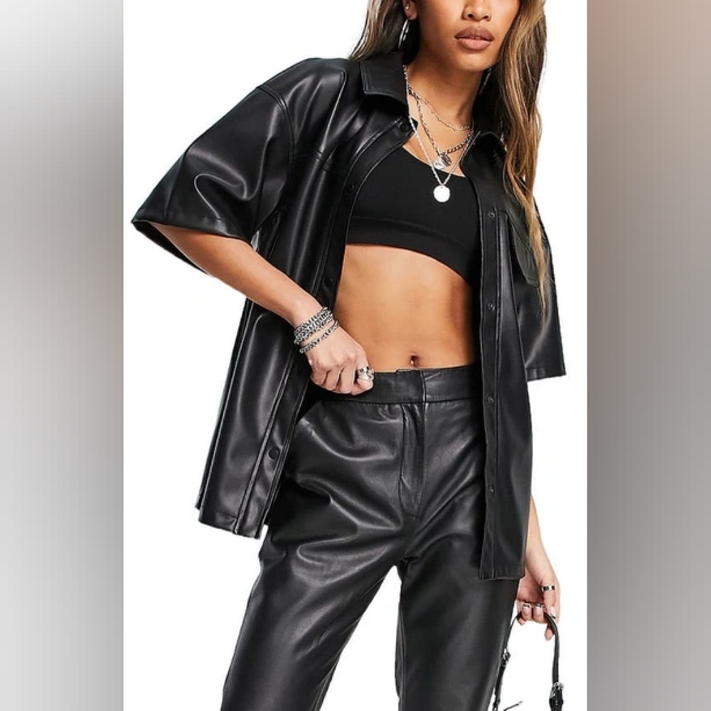 Topshop | NWT Faux Leather Snap Up Oversized Top Black Size 6